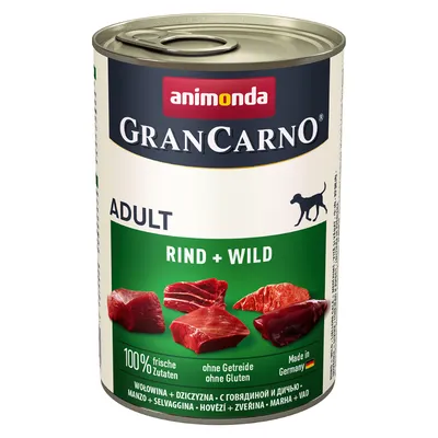 Консерва Animonda GranCarno Adult Rind + Wild. Видими текстове: 100% frische Zutaten, ohne Getreide ohne Gluten, Made in Germany. Изображения на парчета месо.