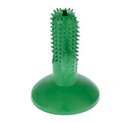 Grønt legetøj af gummi med knopper og sugekopbase, egnet til interaktiv leg eller tygning.