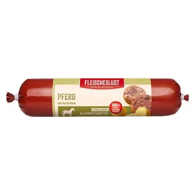 Fleischeslust PFERD mit Kartoffeln, hypoallergeen compleet diervoeder, 100% vers vlees en puree, afbeelding van worstvormige verpakking met plakjes en aardappelen. Tekst deels in het Duits.