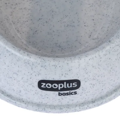 Plastic pet bowl with speckled white and grey design, zooplus basics branding visible on front