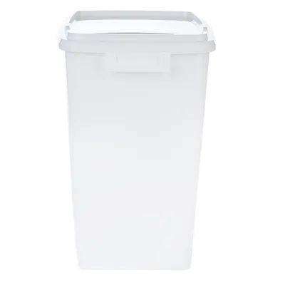 White plastic container with lid, suitable for storing pet food or other products.