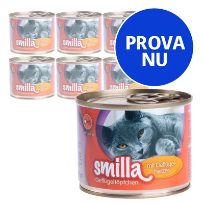 Flera burkar Smilla Geflügeltöpfchen mit Geflügelherzen kattmat, synlig text: 'mit Taurin'. Stor blå cirkel med vit text: PROVA NU.