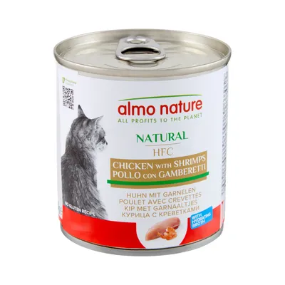 almo nature Natural HFC Pollo con Gamberetti, lattina di alimento umido per gatti, ricetta senza glutine, testo multilingue visibile sull'etichetta