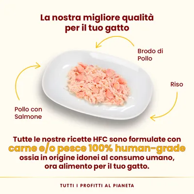Pollo con salmone, brodo di pollo e riso su piatto. Testo: carne e/o pesce 100% human-grade idonei al consumo umano, ora alimento per il tuo gatto. Tutti i profitti al pianeta.