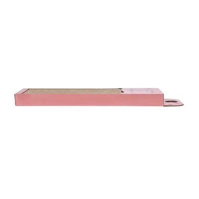 Scratching board made of corrugated cardboard with pink border and hanging loop.