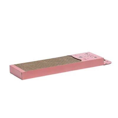 Scratching board made of cardboard with pink border and cat motif, rectangular shape.