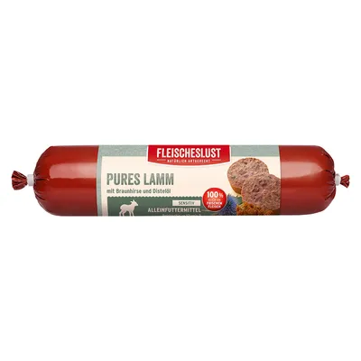 Fleischeslust Pure Lam met bruin gierst en distelolie, volledig voer voor honden, 100% vers vlees, sensitief.