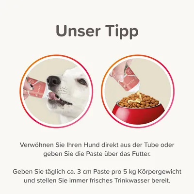 Unser Tipp: Verwöhnen Sie Ihren Hund direkt aus der Tube oder geben Sie die Paste über das Futter. Täglich ca. 3 cm Paste pro 5 kg Körpergewicht, frisches Trinkwasser bereitstellen.