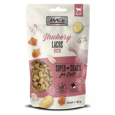 MAC's Shakery Salmón Super Snack para gatos, sin cereales, crujiente y blando, contenido 60g.
