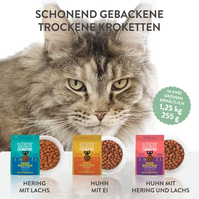 Schesir Trockenfutter für Katzen, schonend gebacken. Sorten: Hering mit Lachs, Huhn mit Ei, Huhn mit Hering und Lachs. Erhältlich in zwei Grössen: 1,25 kg und 255 g.