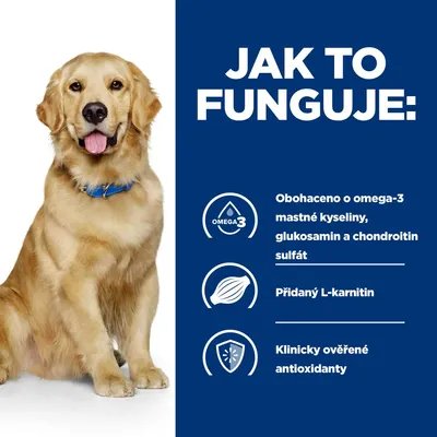 Text: Jak to funguje. Obohaceno o omega-3 mastné kyseliny, glukosamin a chondroitin sulfát, přidaný L-karnitin, klinicky ověřené antioxidanty. Text v češtine.