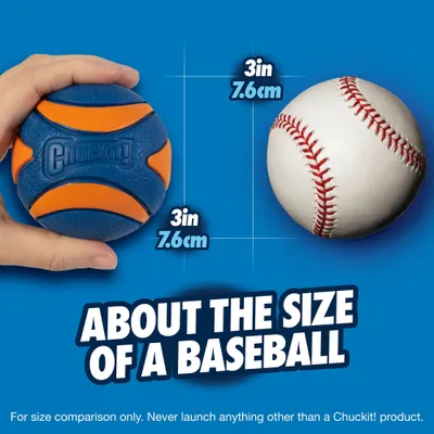 Palla Chuckit! blu e arancione da 7,6 cm accanto a una palla da baseball di pari dimensioni, testo visibile: 'Chuckit!', '3 in 7.6 cm', 'ABOUT THE SIZE OF A BASEBALL'.