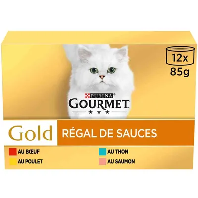 Confezione Purina Gourmet Gold Régal de Sauces, 12x85g. Gusti: manzo, pollo, tonno, salmone. Immagine di un gatto bianco sul fronte. Testo in francese visibile.