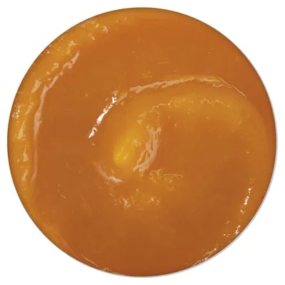 Nahaufnahme einer orangefarbenen, cremigen Konsistenz von Nassfutter oder Sauce.