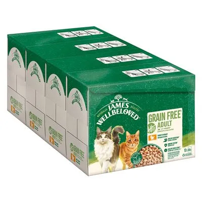 James Wellbeloved Grain Free Adult kattenvoer, afbeelding van twee katten en brokjes op de verpakking. Tekst: 'Grain Free Adult', zichtbaar merknaam en productinformatie.