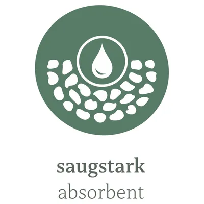 Symbol mit Tropfen und Steinen, Text: saugstark, absorbent.