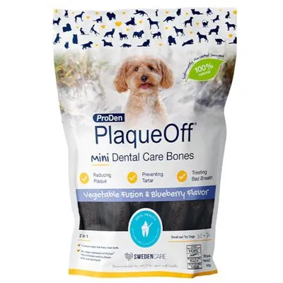 ProDen PlaqueOff Mini Dental Care Bones, Vegetable Fusion & Blueberry Flavor, 100% natural, voor kleine honden. Vermindert tandplak, voorkomt tandsteen, behandelt slechte adem.