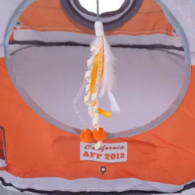 Orange Katzenhöhle mit rundem Eingang, hängendem Spielzeug aus Federn und Bändern. Aufschrift: California AFP 2012.