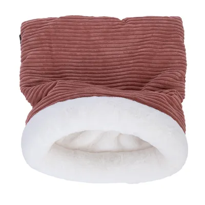 Tunnel ou sac pour animal en tissu côtelé marron à extérieur et intérieur blanc doux, ouverture large visible, sans marque apparente ni texte.