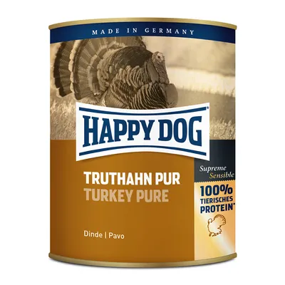 HAPPY DOG Truthahn Pur Turkey Pure tin, Supreme Sensible, 100% tierisches protein, made in Germany. Image of a turkey on the label. Dinde | Pavo also shown.