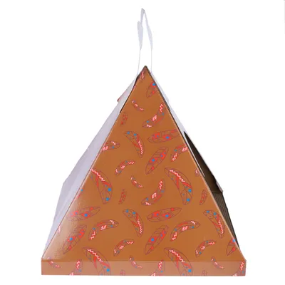 Abri en carton de forme triangulaire avec motifs de plumes colorées, poignée blanche sur le dessus, ouverture visible sur le côté droit.