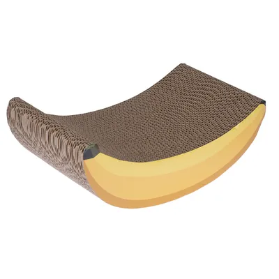 Griffoir incurvé en carton ondulé, forme de banane stylisée avec surface texturée marron et côtés jaunes, sans marque visible.