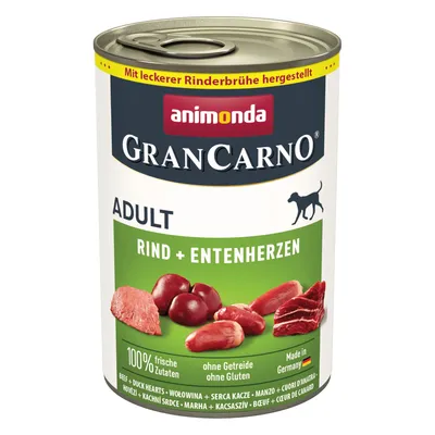 Animonda GranCarno Adult beef + duck hearts, made with tasty beef broth, 100% fresh ingredients, grain-free, Made in Germany.