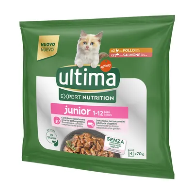 Ultima Expert Nutrition Junior 1-12 maanden, kattenvoer in saus, zonder kleur- en conserveermiddelen, 4 x 70g, met kip en zalm.