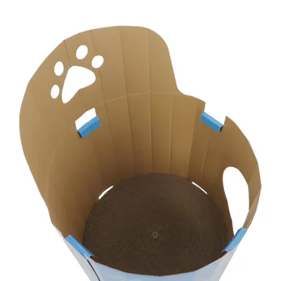 Cardboard box with corrugated scratching surface and cut-out paw design. Suitable for scratching and playing.