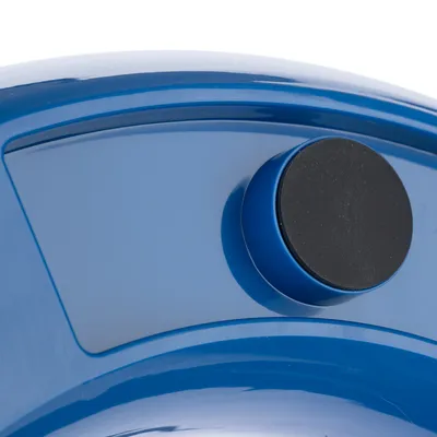 Close-up of a blue product with a black rotary knob, possibly part of a feeder or accessory.