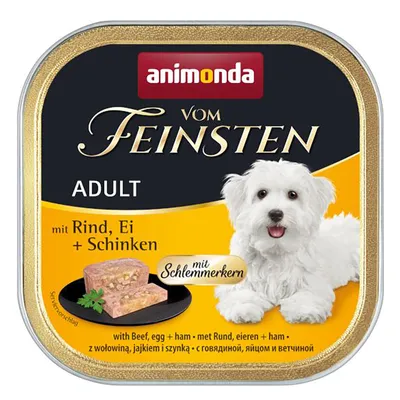 Animonda Vom Feinsten Adult con manzo, uovo e prosciutto, con cuore gourmet. Cibo umido per cani.