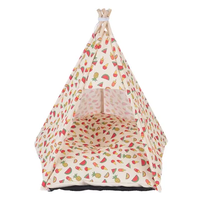 Tente tipi pour animaux avec armature en bois et tissu imprimé de pastèques, ananas et glaces. Coussin assorti à l’intérieur, ouverture frontale visible.