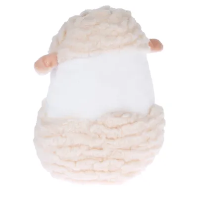 Pluche speelgoed in de vorm van een schaap met een wit lichaam en beige vacht, twee kleine bruine oren zichtbaar.