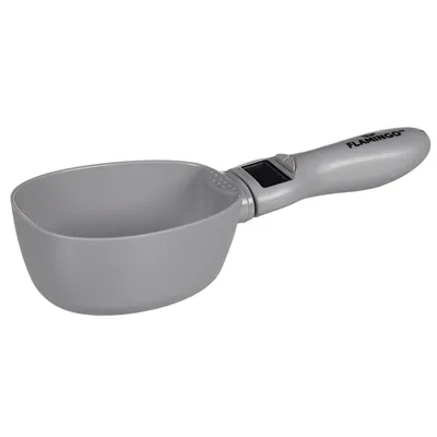 Grey measuring scoop with digital display on handle, brand Flamingo.