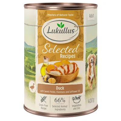 Lukullus Selected Recipes Adult, kacsa édesburgonyával, gesztenyével és bogáncsolajjal. Gabonamentes recept, 66% válogatott állati összetevő, zöldség és olaj. 400g konzerv.