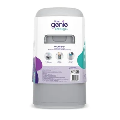 Litter Genie Easy Roll navulbare kattenbakemmer met instructies voor eenvoudig navullen in drie stappen op de verpakking. Kunststof materiaal zichtbaar.