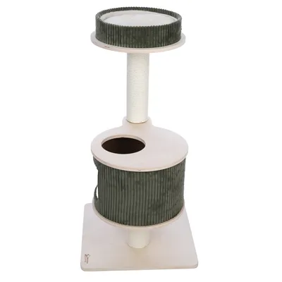 Árbol rascador de dos niveles, con funda de tela verde y columna rascadora de sisal. Nivel inferior con cueva, nivel superior con superficie para descansar.