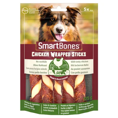 SmartBones Chicken Wrapped Sticks, brez surove kože, z okusnim piščancem, lahko prebavljive, z nizko vsebnostjo maščob, obogatene z vitamini in minerali. Velikost pakiranja: 125g, 5 kosov.