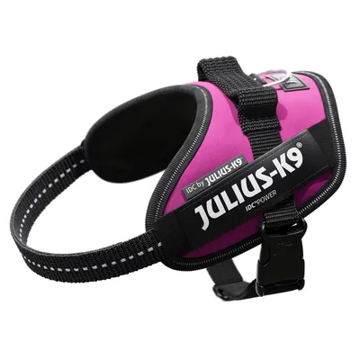 Julius-K9 IDC Power Hundegeschirr in Pink mit reflektierenden Nähten und robustem Verschluss.