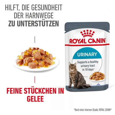 Royal Canin Urinary. Hilft, die Gesundheit der Harnwege zu unterstützen. Feine Stückchen in Gelee. Unterstützt einen gesunden Harntrakt in 10 Tagen laut interner Studie.