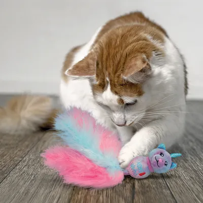 Chat blanc et roux jouant avec un jouet en forme d’animal, peluche violette à oreilles bleues et longue queue en plumes roses et bleues. Texte visible : 'Good Vibes'.