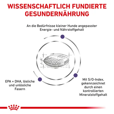 Wissenschaftlich fundierte Gesunder­nährung: Energie- und Nährstoffgehalt für kleine Hunde, EPA+DHA, lösliche/unlösliche Fasern, S/O-Index mit kontrolliertem Mineralstoffgehalt.