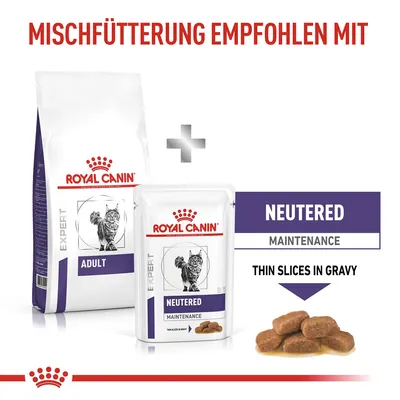 Royal Canin Expert Adult Trockenfutter und Neutered Maintenance Nassfutter empfohlen für Mischfütterung. Thin slices in gravy sichtbar.