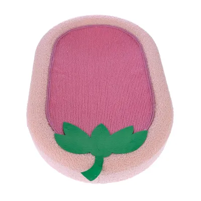 Ovalni jastuk ružičaste i bež boje sa zelenim motivom lista, pogodan kao dekorativni dodatak.