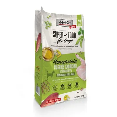 MAC's Mono Super Food for Dogs, Monoprotein, vers konijn & zoete aardappel, inhoud 3 kg. Pictogrammen: graanvrij, zonder soja, geschikt voor volwassen honden. Tekst deels in Duits.