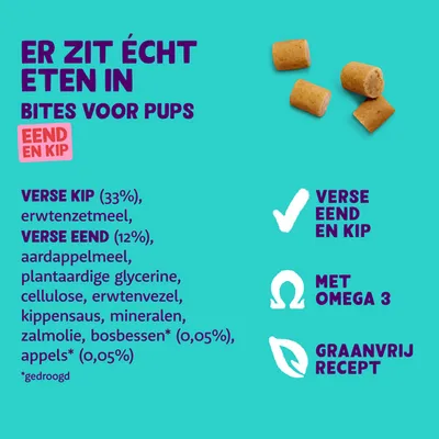 Bites voor pups eend en kip. Verse kip 33%, verse eend 12%, erwtenzetmeel, aardappelmeel, bosbessen, appels. Met omega 3, graanvrij recept. Verse eend en kip.