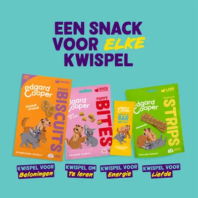 Edgard Cooper snacks: Biscuits kip, Puppy Bites eend en kip, Bar met vitaminen, Strips lam. Tekst: Een snack voor elke kwispel. Kwispel voor beloningen, te leren, energie, liefde.