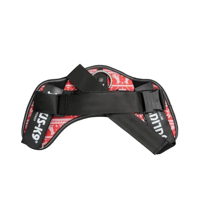 Julius-K9 hundsele med rött mönster, svart rem och klickspänne. Synlig märkning 'Julius-K9'.