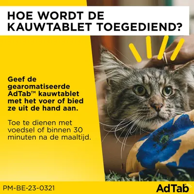 Hoe wordt de kauwtablet toegediend? Geef de gearomatiseerde AdTab kauwtablet met het voer of uit de hand. Toe te dienen met voedsel of binnen 30 minuten na de maaltijd. AdTab.