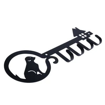 Avainpidike mustasta metallista, avaimen muotoinen, mangustisiluetilla ja viidellä koukulla.